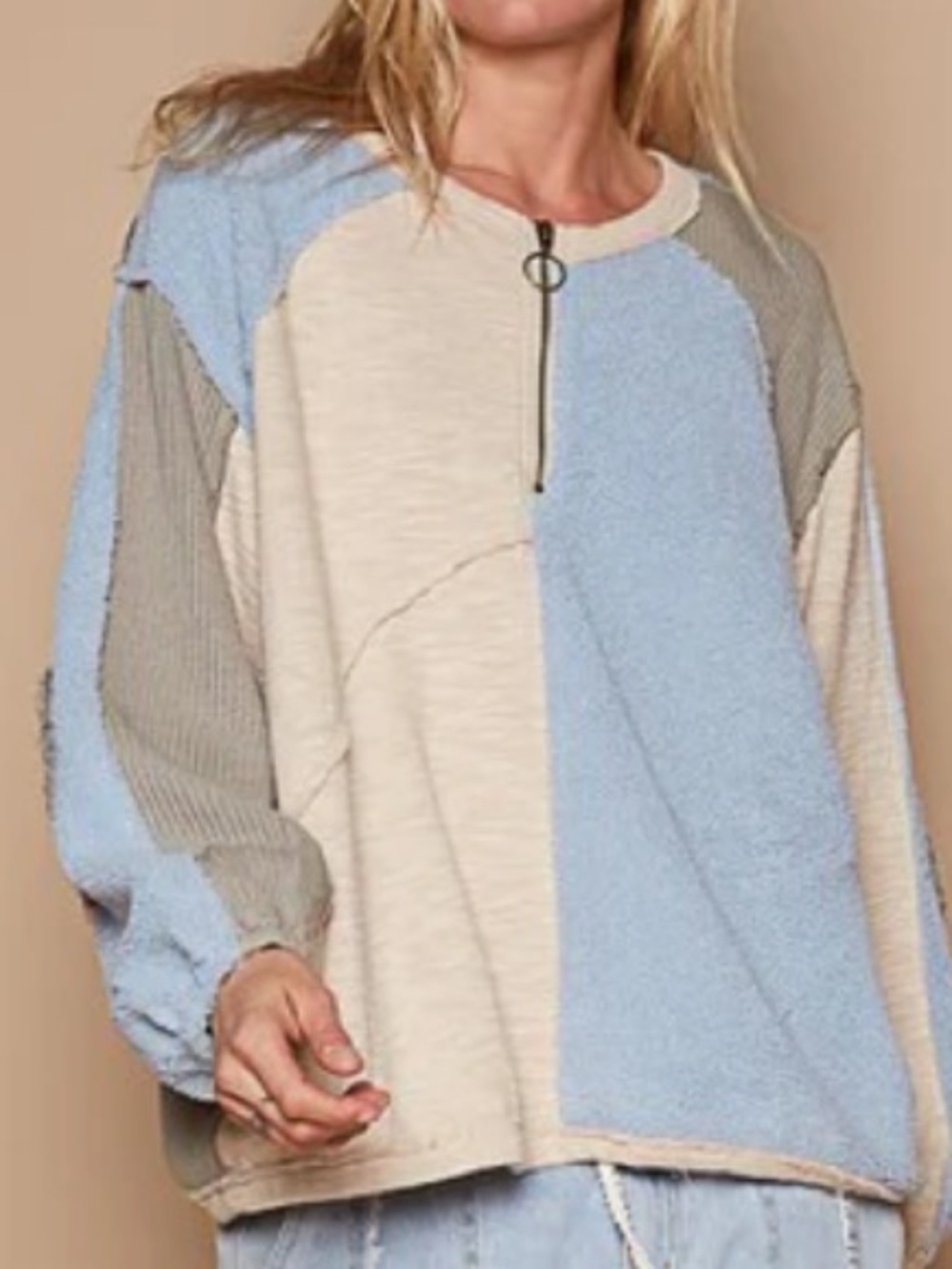 POL COLOR BLOCK HALF ZIP DROPPED SHOULDER SWEATSHIRT - Picture 4 of 8